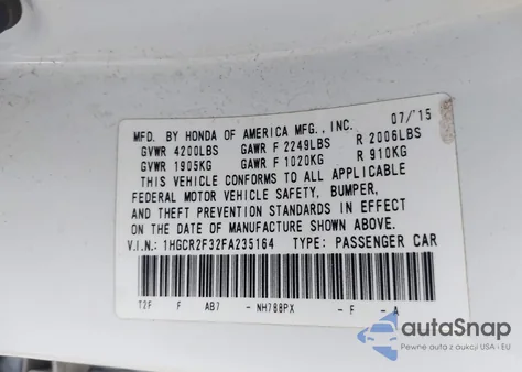 2015 Honda Accord Lx from USA, damaged, VIN 1HGCR2F32FA235164